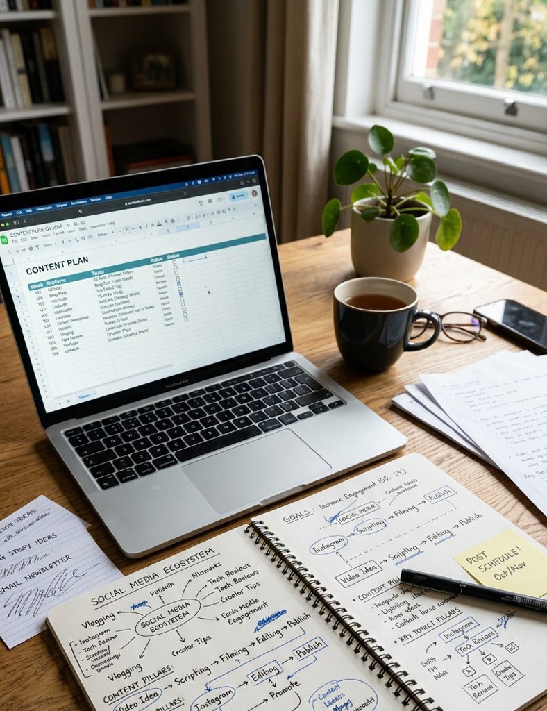 Kreative Notizen und Skizzen auf Laptop – Marketing Strategie