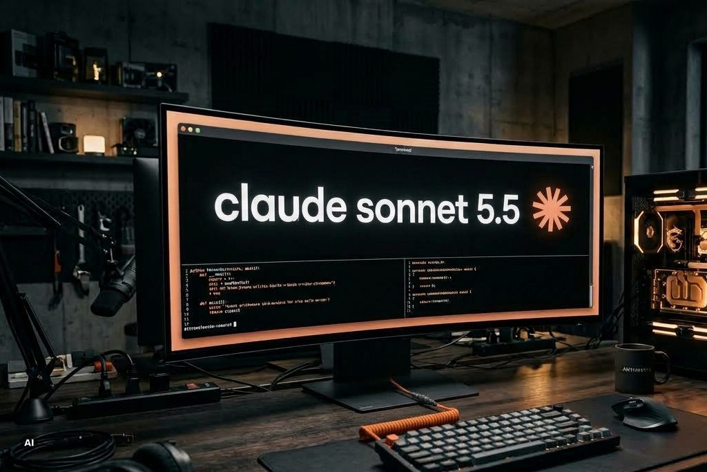 Computer-Monitor mit Claude Sonnet 5.5-Benutzeroberfläche auf einer Entwickler-Arbeitsstation.