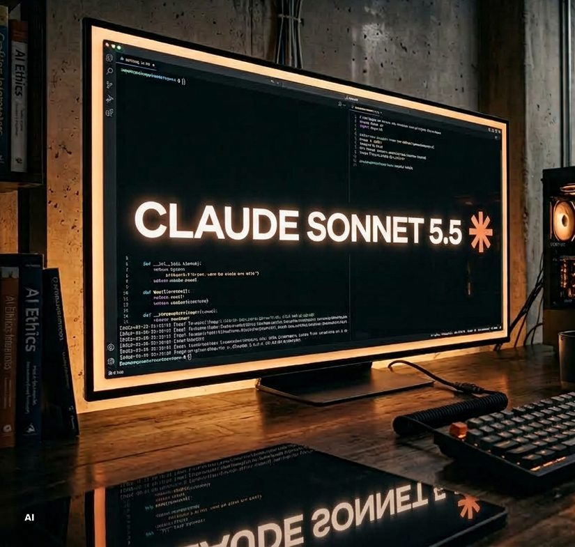 Claude Sonnet 5.5 Interface-Anzeige auf einem Monitor neben KI-Ethik-Büchern.