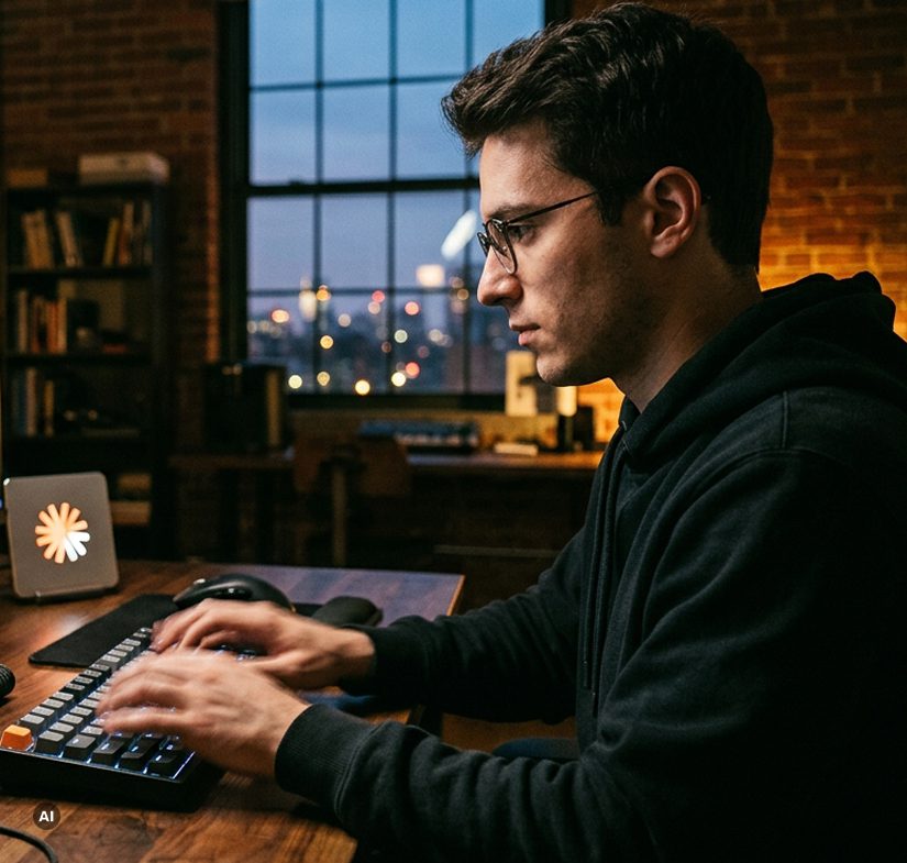 Männlicher Entwickler mit Brille, der an einer Tastatur tippt und mit Claude Sonnet 5.5 interagiert.