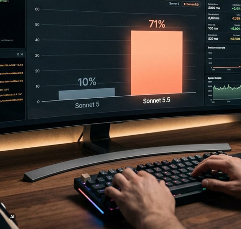 Performance-Benchmark-Diagramm auf einem Monitor, das Sonnet 5 und Sonnet 5.5 vergleicht.