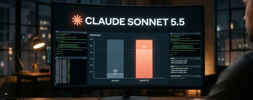 Benchmark-Dashboard auf einem Ultra-Wide-Monitor, das Geschwindigkeits- und Latenzverbesserungen für Claude Sonnet 5.5 zeigt.